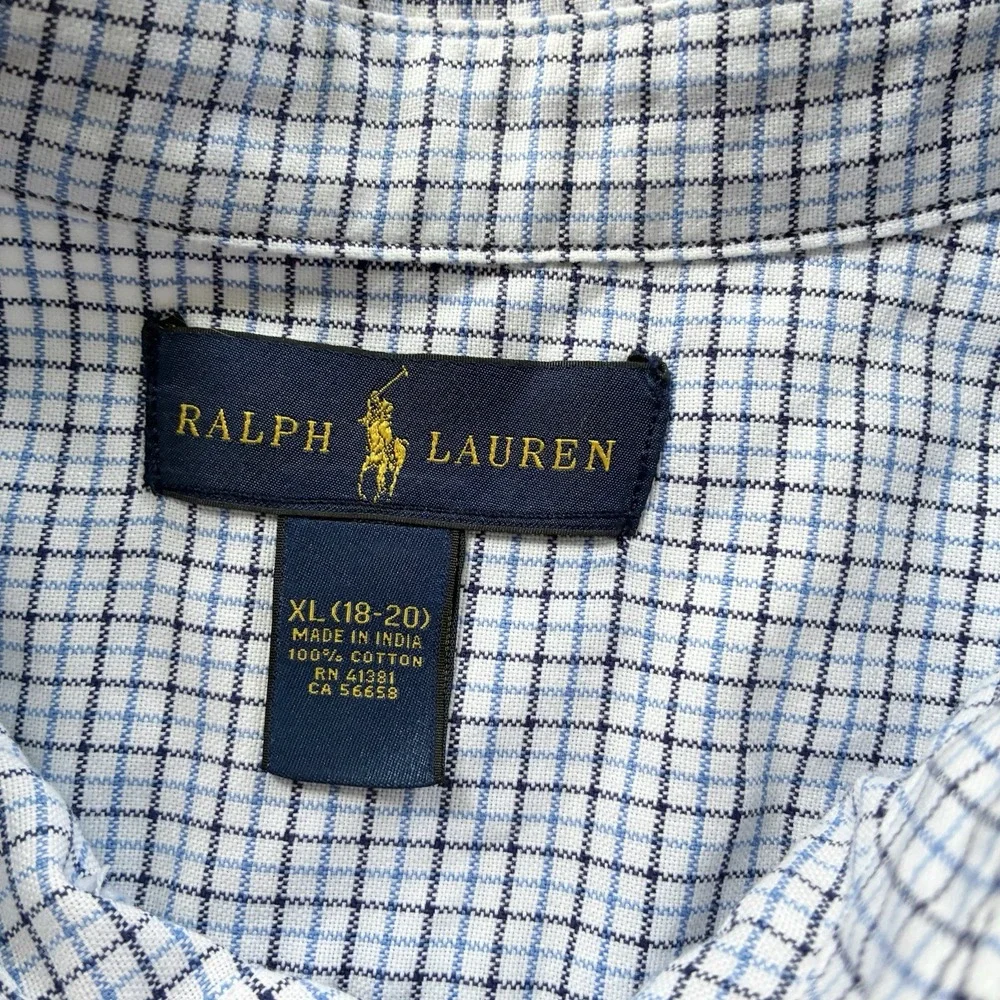 Ralph Lauren Tattersall Flesh Pony Button Shirt White Blue Boys XL 18 / 20